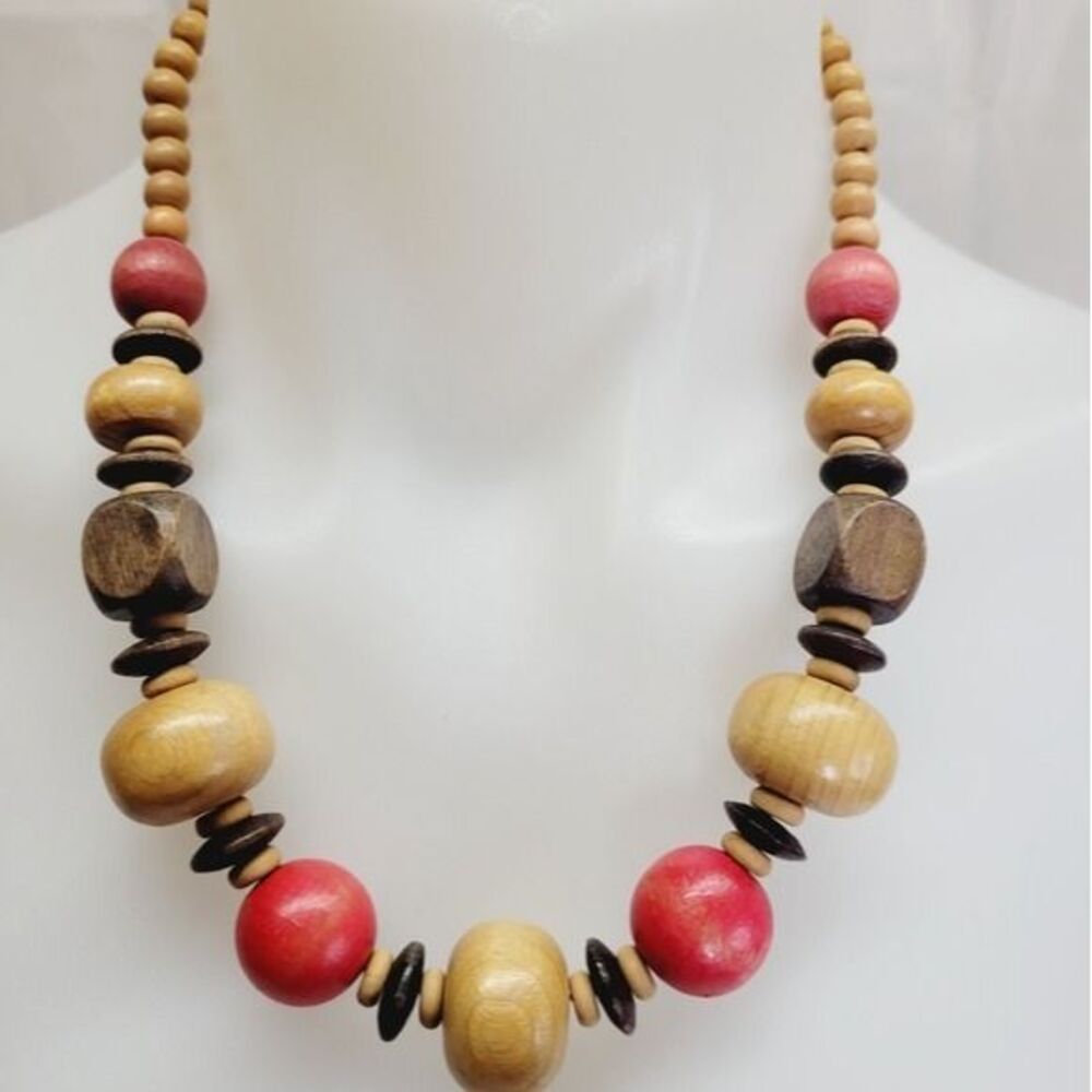* Wood bead natural fiber 20" long necklace multicolor